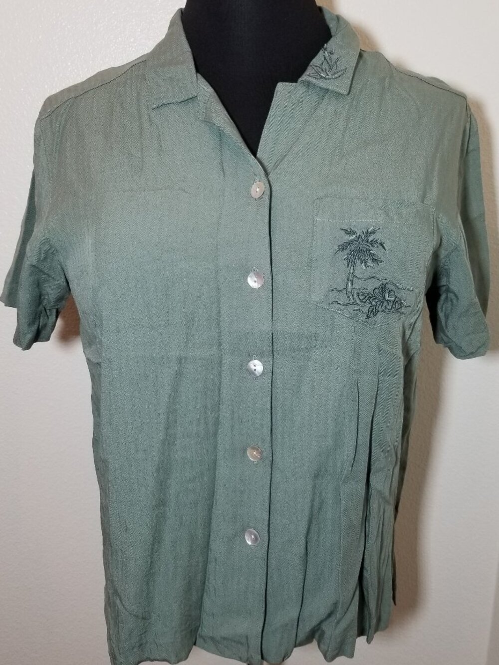 Teddi Womens Large Short Sleeve‎ Top Green Palm Tree Floral Hawaiian Embroidered